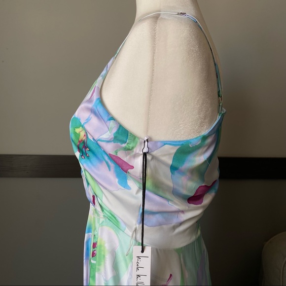 NICOLE MILLER spaghetti adjusted surplice neck open leg floral print satin sz XS - Picture 7 of 17